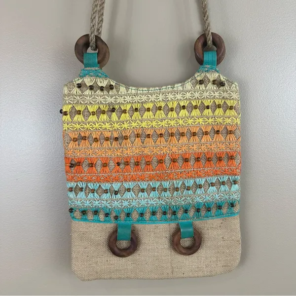Colorful Embroidered & Beaded Bohemian Festival Jute Shoulder Bag Purse Artsy - Image 7