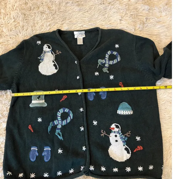 Ugly Christmas Sweater Cardigan Womens XL Green Snowman Mittens Scarf Poinsettia - Image 5