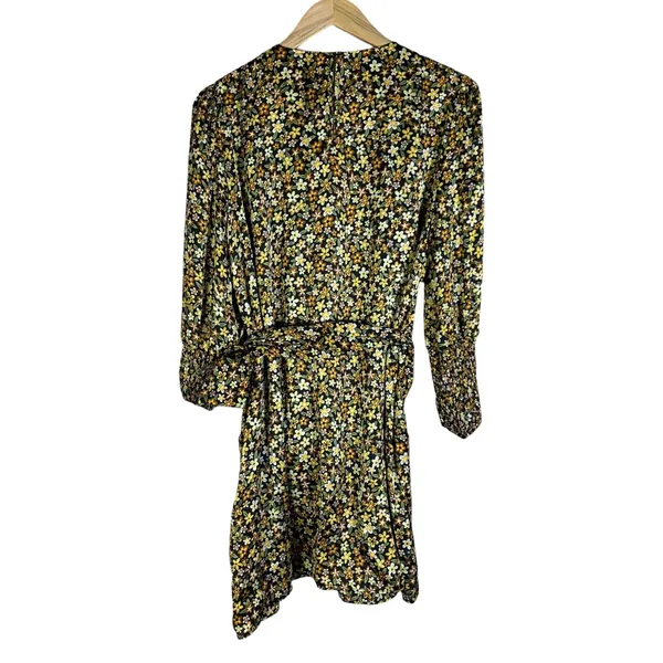 Zara Ditsy Floral Print Mini Dress Yellow Brown Boho Smocked Cuff Size M - Image 6