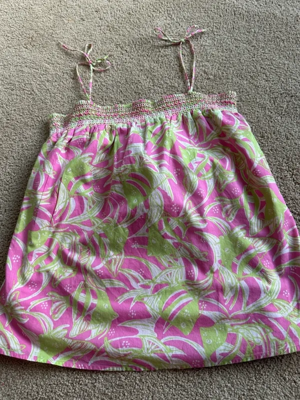 Lilly Pulitzer PINK GREEN FISH PRINT CAPRICE SMOCKED TIE TOP - Image 2