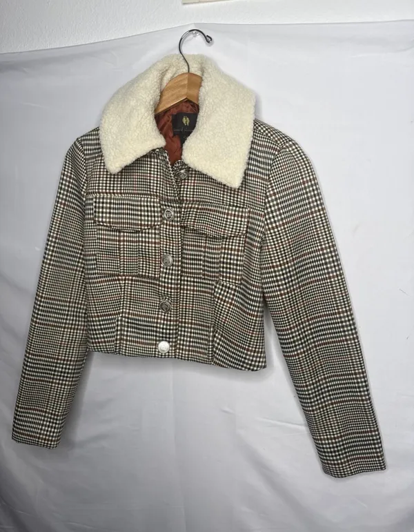 NWOT House of Harlow 1960 plaid faux shearling collar cropped jacket sz XS - Image 2