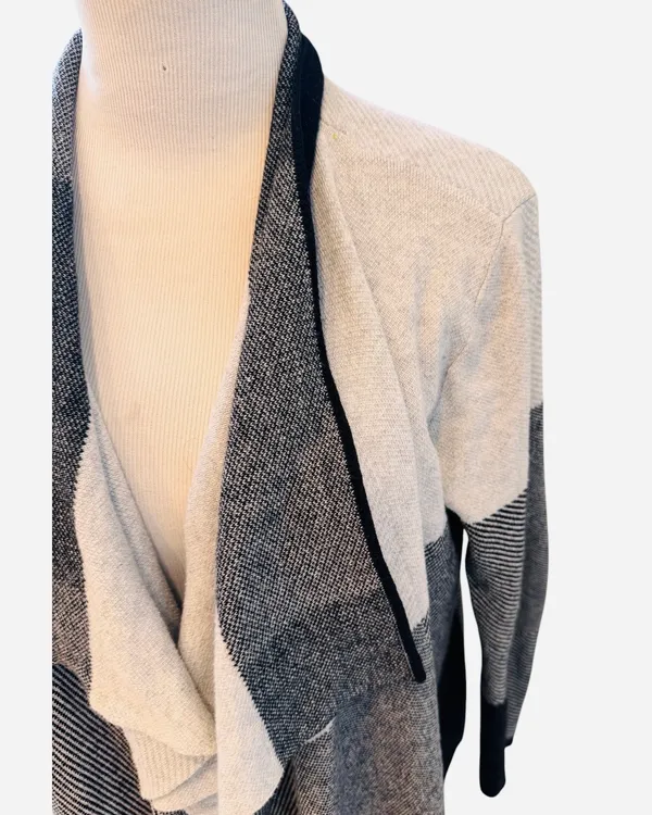Retro Chaus Plaid Colorblock Cardigan Sweater Open Front Waterfall M Gray Black - Image 3