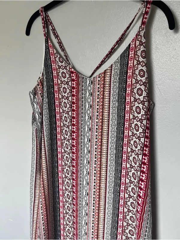 Pink Rose Striped Boho V-Neck Spaghetti Strap Dress - Red, Brown, Gray - Image 4