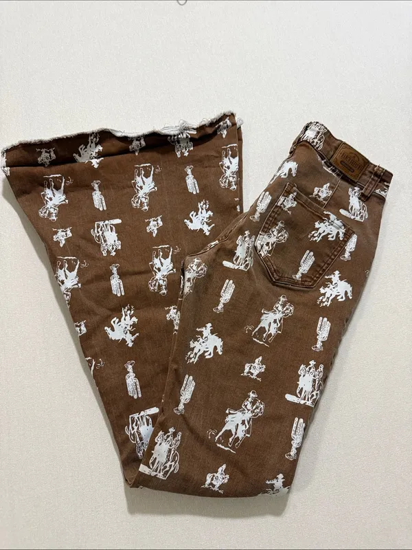 Women's Brown Boot-Cut Jeans with White Western Print - Image 8