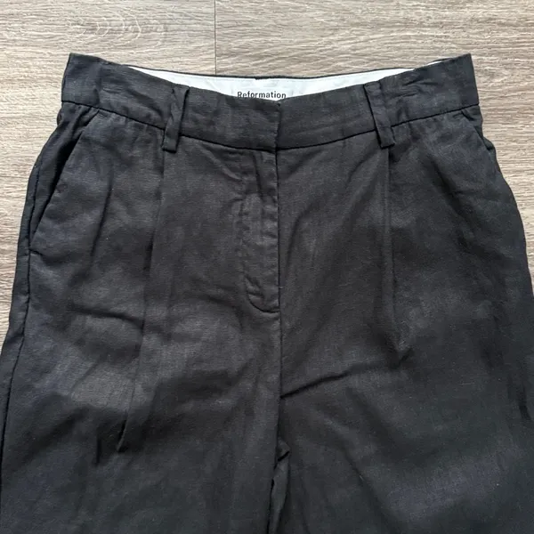 Reformation Black High-Rise Pleated Trousers Size 4 Linen Straight Leg Pants - Image 3