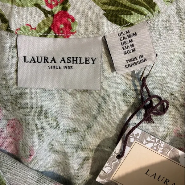 Laura Ashley Linen Blend‎ Floral Shift Dress Scalloped Hem Pink Green M - Image 4
