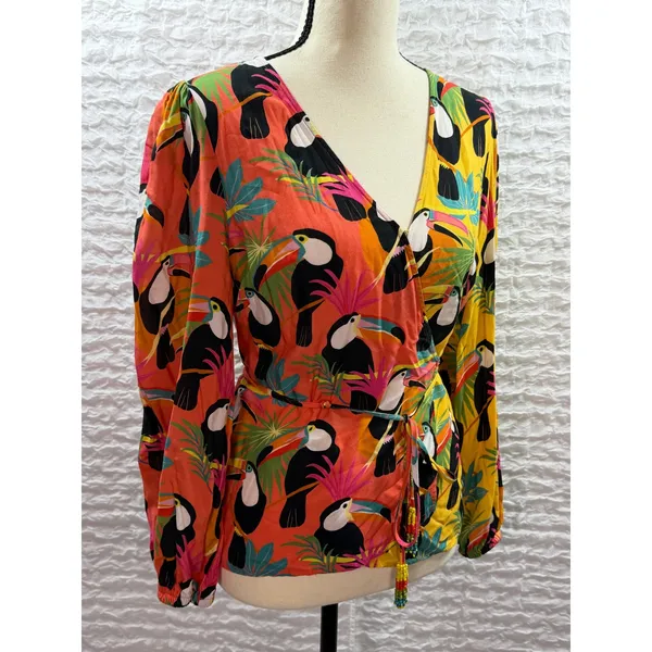 Farm Rio for Anthropologie Toucan Print Wrap Top Orange Yellow Beaded Tassel XS - Image 2