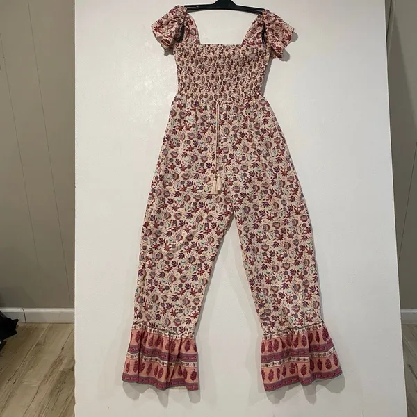 BOG Collective Floral Smocked Jumpsuit M Boho Wide Leg Puff Sleeve NWT - Image 2