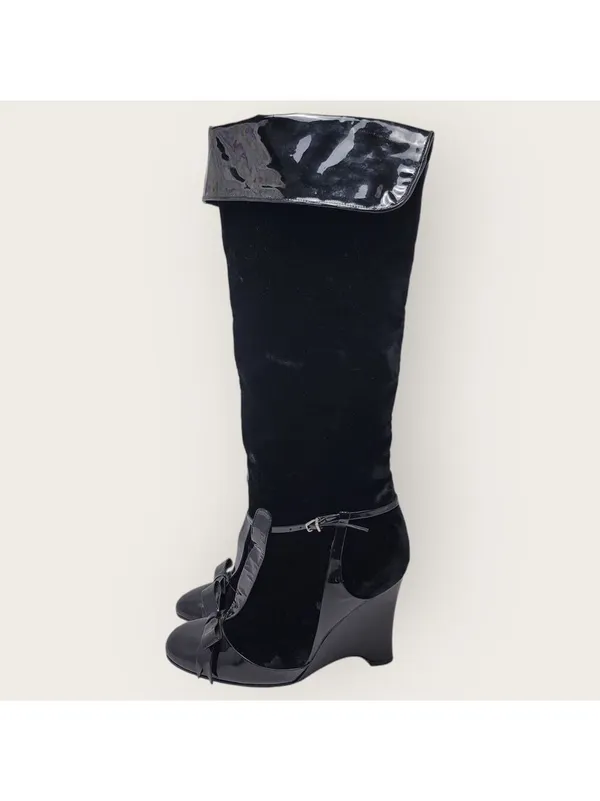 Laurence Dacade Velvet Patent Leather Bow Knee High Wedge Heels Boot Size 38 - Image 13