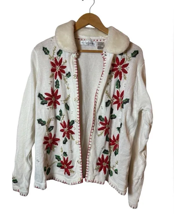 VINTAGE Victoria Jones White Embroidery Christmas Cardigan size L - Image 2