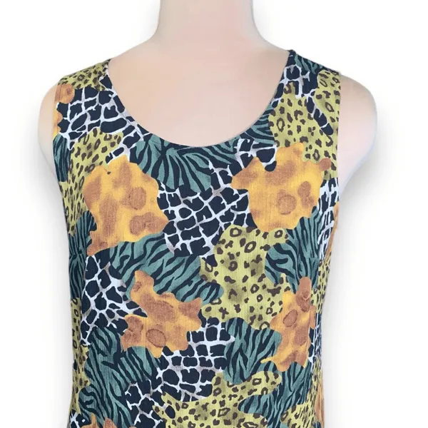 Requirements Vintage 90s Sleeveless Mixed Animal Print Maxi‎ Dress Green Yellow Brown Large - Image 4