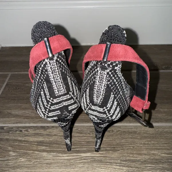 Barbara Bui black‎ suede heels Black White patterned Back Red ankle strap 38.5 Size 8.5 - Image 5