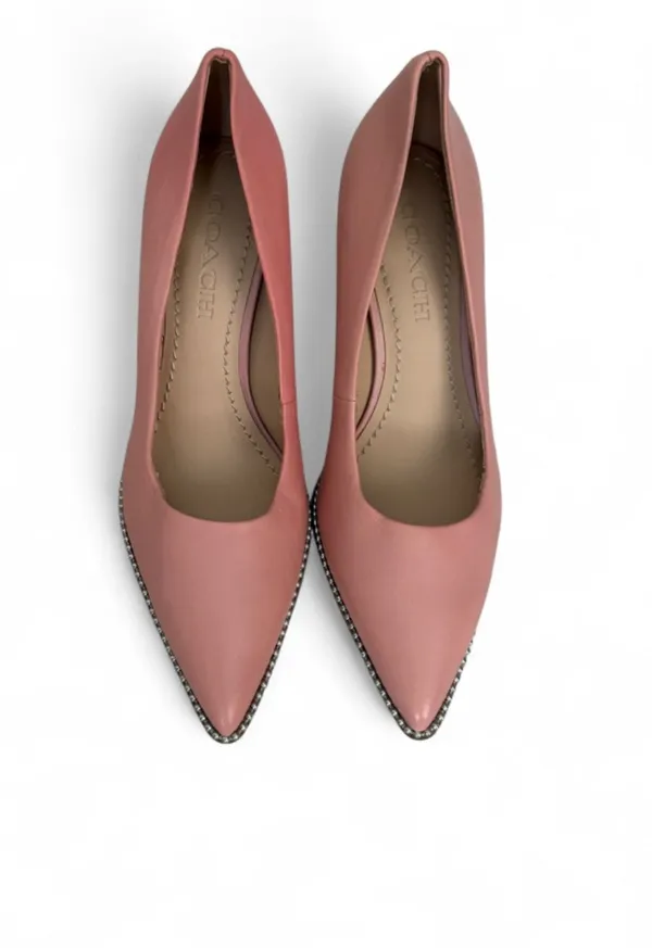 Coach Blush Pink Pointed-Toe Mid-Heel Pumps with Gold Trim - Image 3