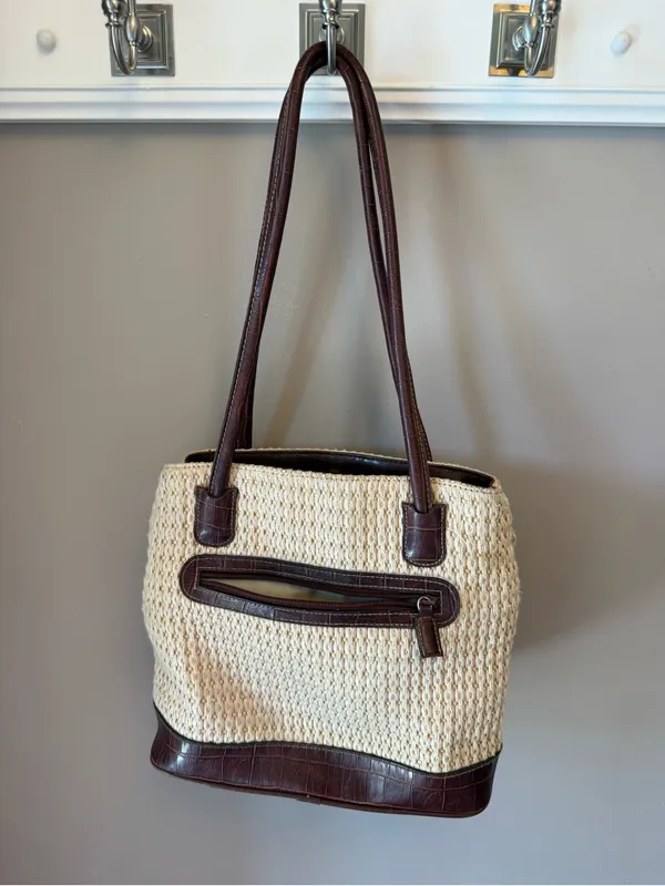 Straw Tote Bag with Brown Leather Trim - Classic Women's Shoulder Bag - Image 3