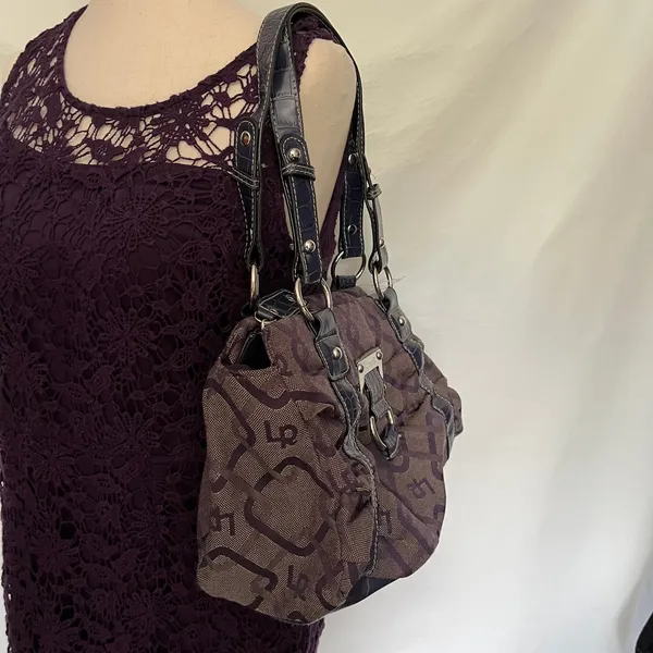 LineaR Fabric Logo Satchel Purse Purple Y2K McBling Croco Double Handle Indie - Image 4
