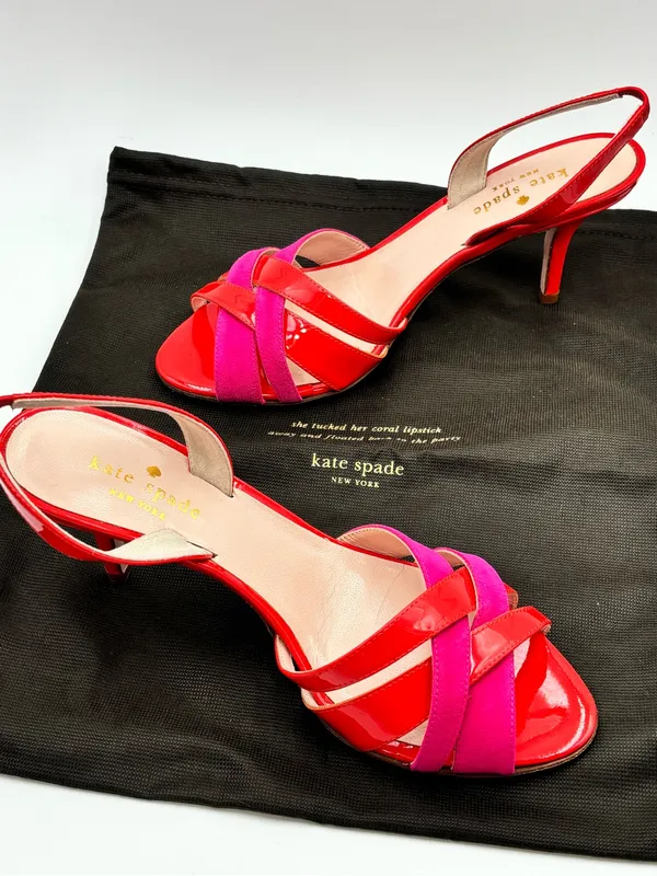 Kate Spade Red & Pink Patent Leather Suede Strappy High Heel Sandals Size 7 - Image 9