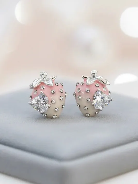 Silver Tone Pink Strawberry Crystal Stud Earrings - Image 4