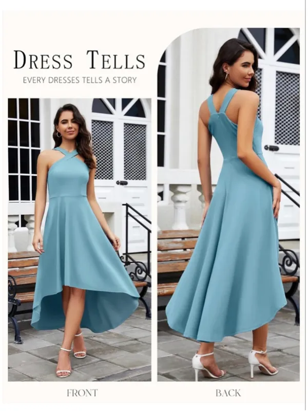 NEW Blue Cocktail Formal Wedding Guest Halter Hi Low Dress XL - Image 5