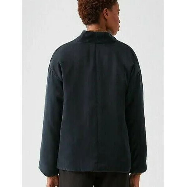 Eileen Fisher Cupro Padded High Collar Coat Black Size S - Image 6