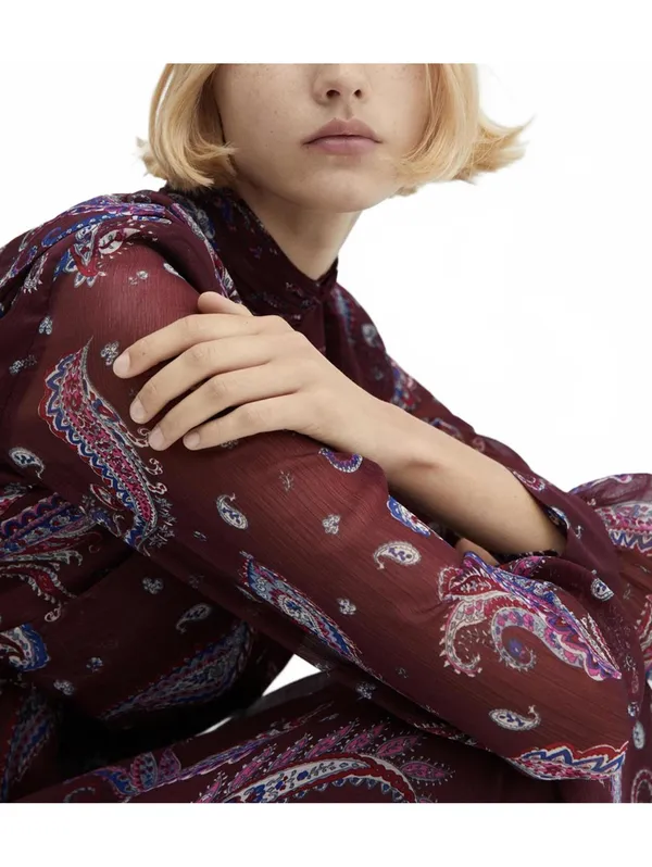 Mango Long Sleeve Flowy Paisley-Print Dress Midi Sandy Maroon NWT Size 2/XS - Image 9