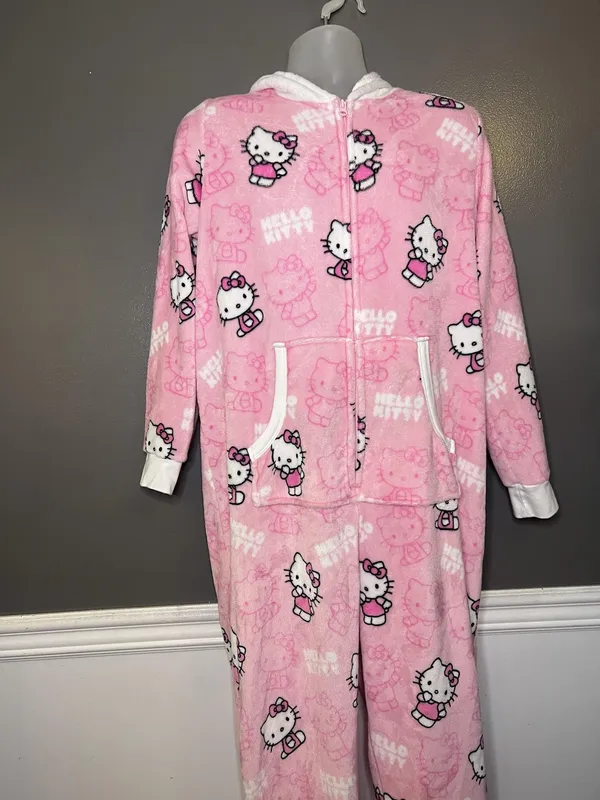 Hello Kitty One Piece Pajamas Womens XL Pink Hooded Fleece One-piece Sleepwear - Image 3