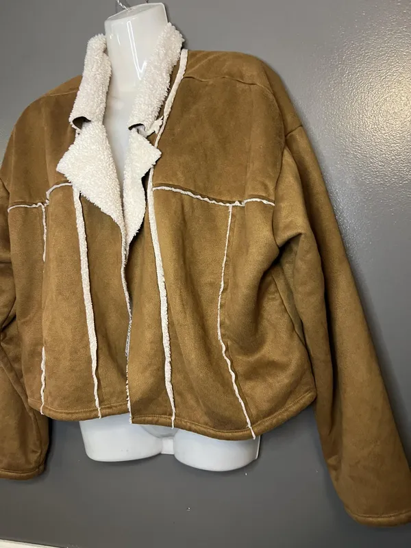 Madden NYC Jacket Womens 2XL Brown Faux Suede Sherpa Lined Open Front Cozy - Image 2
