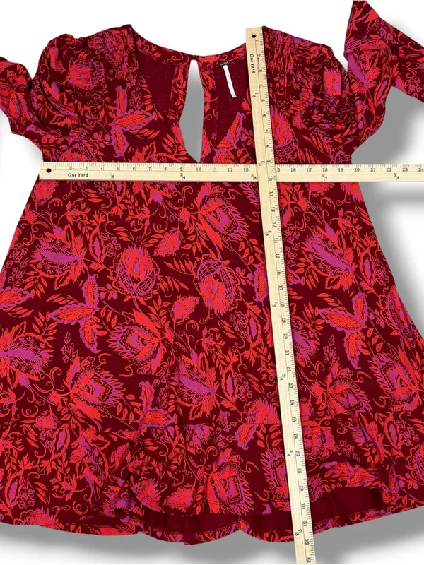 Free People Hello Lover Floral Ruched Puff Shoulder Tunic Mini Dress Red Small‎ - Image 12