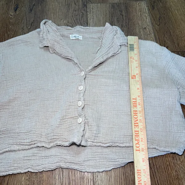 Sand Cloud Organic Cotton Gauze Cropped Button Down Shirt Tan Womens M/L Resort - Image 3