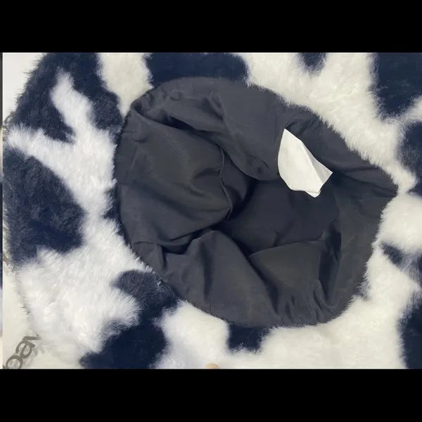 Cow Print Faux Fur Bucket Hat Black & White Fluffy Y2K Unisex - Image 5