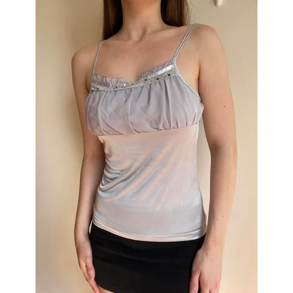Silver Ruffle Milkmaid Sequin Tank Top Gray - Image 2
