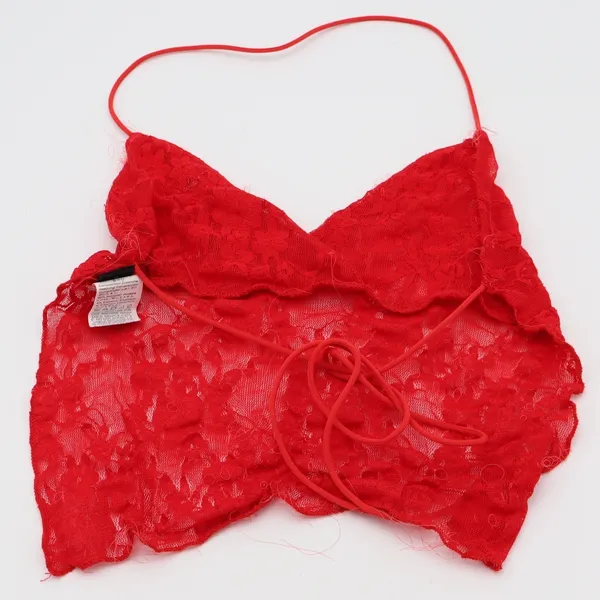 SHEIN Crop Top Womens XS Halter Red Floral Lace Strappy Tie Back Excellent - Image 4