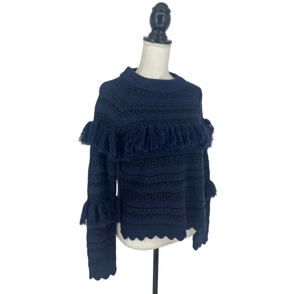 Jonathan Simkhai Tassel Fringe Knit Wool Sweater Black Blue‎ Stripe - Image 7