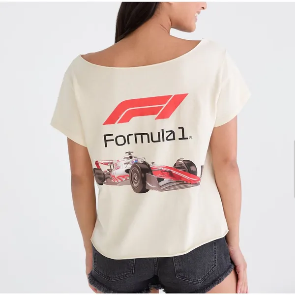 Aeropostale Formula 1 Graphic Tee Off Shoulder Car Size S White Red Black - Image 4