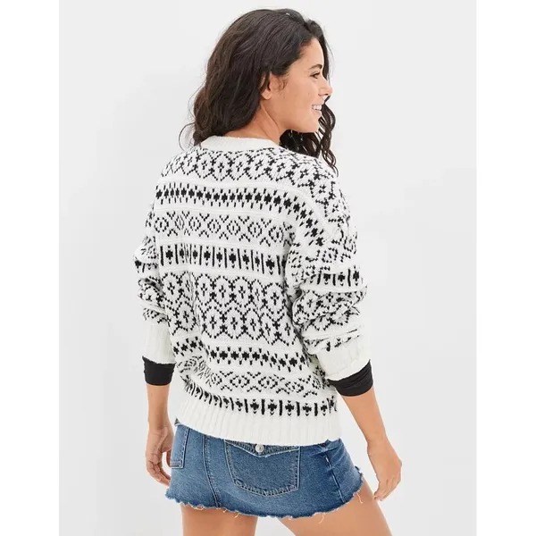 AMERICAN EAGLE Outfitters Fairisle Crew Neck Sweater Black White Fair Isle Small - Image 7