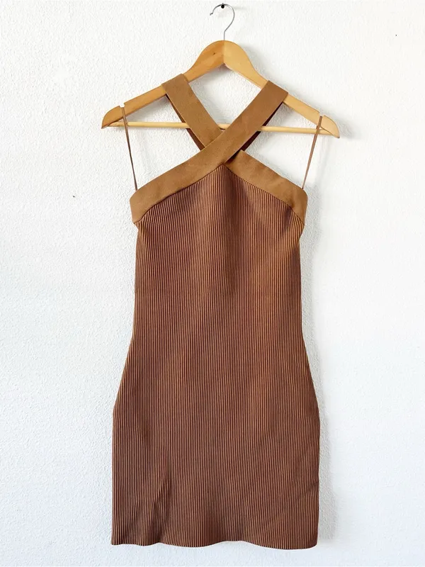 Aritzia Babaton Sculpt Knit Criss Cross Tan Ribbed Bodycon Mini Dress - Image 8