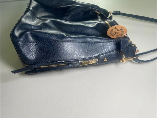 Navy Leather Shoulder Bag with Gold Hardware - Women's - Image 4