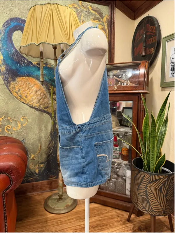 American Eagle Denim Romper Shortalls Halter Neck Button Front Blue Medium - Image 4