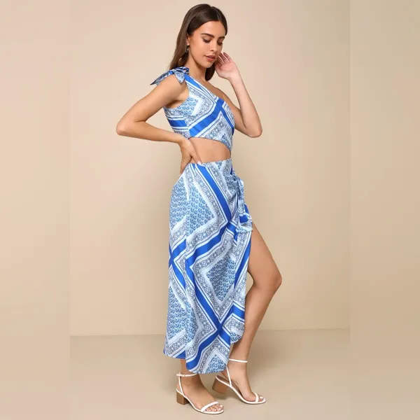 Lulus Vacay Beauty Blue Scarf Print One-Shoulder Tie-Strap Midi Dress - Image 3