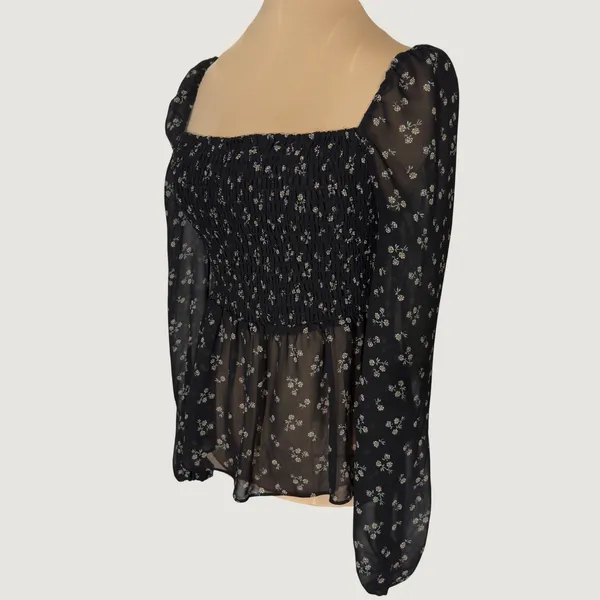 3230 | Ditsy Floral Smocked Peplum Blouse Black Cottagecore Coquette Women S - Image 3