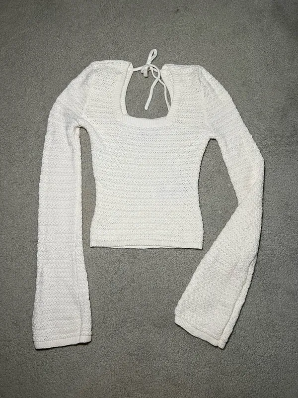 Hollister White Long Sleeve Crochet Top Size XS - Image 3