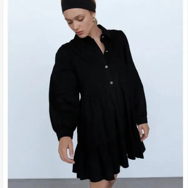 Zara Chambray Denim Ruffle Tiered Poplin Dress in Black Size M - Image 2