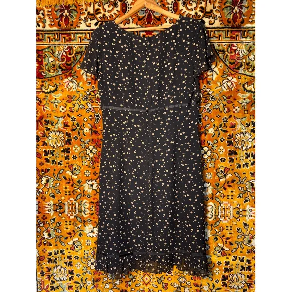 Vintage 100% Silk Black Cream Polka Dot Flutter Sleeve Midi Dress Size 8 - Image 6