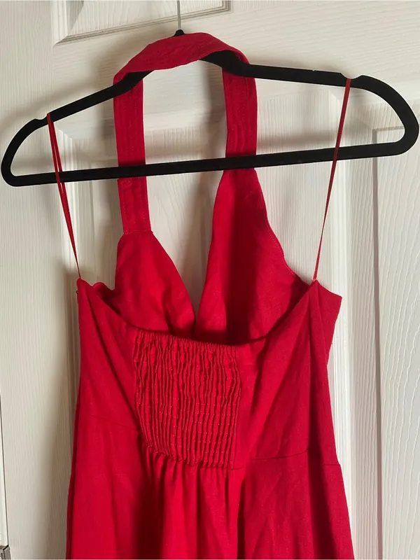 Zara Red Linen Blend Halter Midi Dress Size S Cowl Neck Tortoiseshell Buttons - Image 9