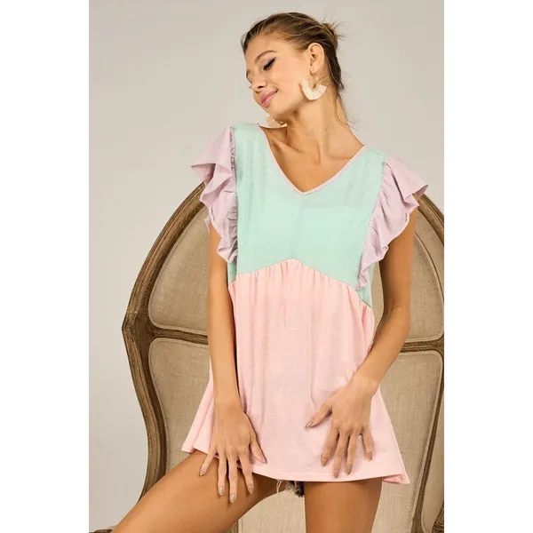 BiBi Triblend Color Block Ruffled Sleeve Babydoll Top - Mint/Lavender/Blush - M - Image 12