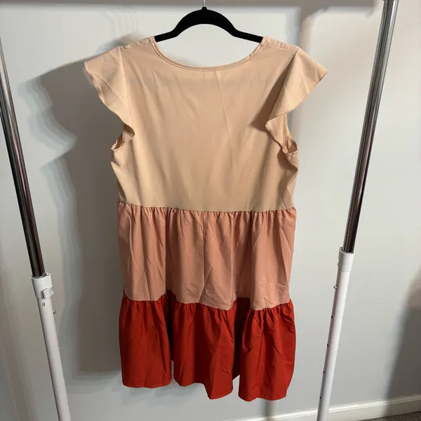 SHEIN Cream, Peach & Red Colorblock Tiered Flutter Sleeve Mini Dress - Image 5