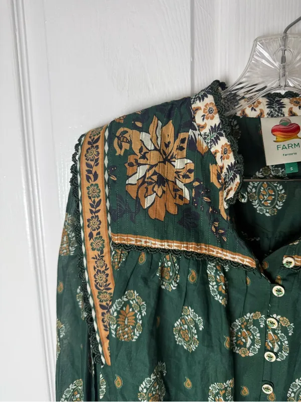 Farm Rio Green Tayla Lace Buttoned Puff Sleeve Blouse S - Image 4