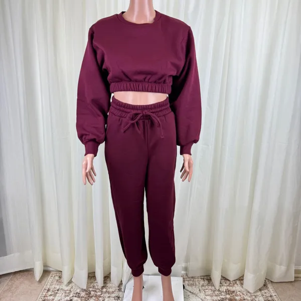 Zenana 2 Pcs Crop Sweatshirt Tracksuit Jogger Pants Set Outfit Active Loungewear Burgundy Size XS - Image 2