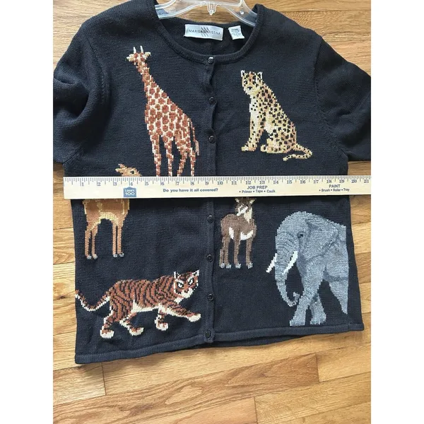 Marisa Cristina 90s Vintage Black Embroidered Safari Animal Cardigan Size Large - Image 7