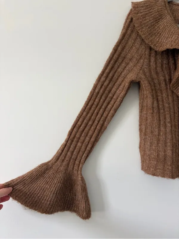 Old Navy Brown Wool Blend Ruffle Tie Front Bell Sleeve Cropped Knit Cardigan NWT - Image 4