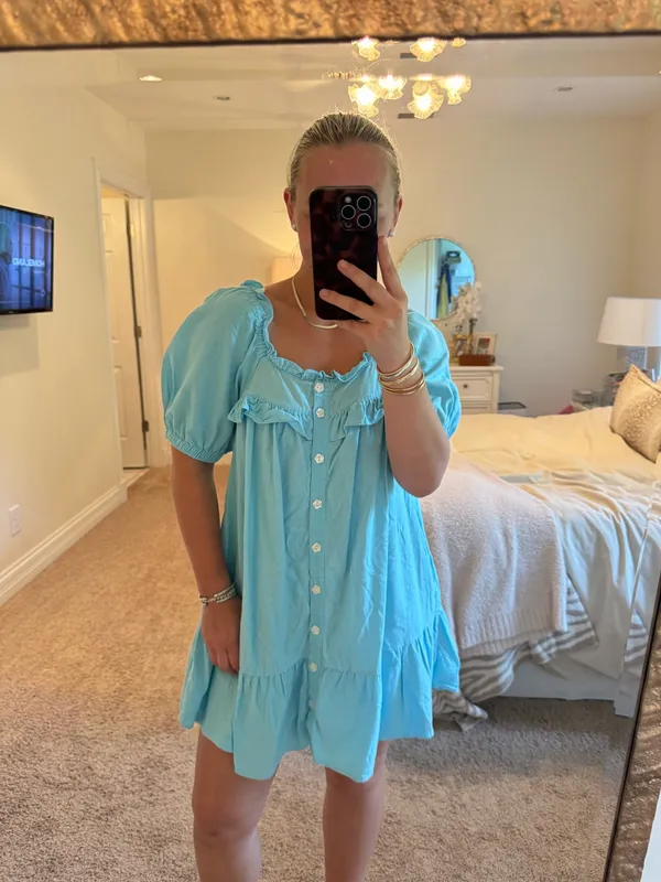 Stoney Clover Target Puff Sleeve Mini Babydoll Dress Aqua Blue - Image 2